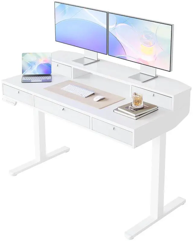 Main image of 48 x 24 inch Electric Standing Desk with 4 Drawers, Adjustable Height Sit Stand Home Office Desk with Two Tiers, Ergonomic Adjustable Stand up Desk C-Clamp Monitor Mount Compatible, White