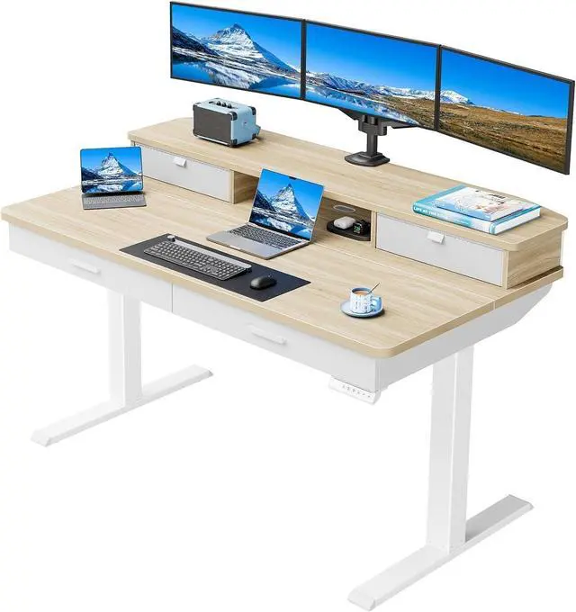 Main image of 55 x 30 inch Standing Desk with Wood Drawers,Electric Stand up Home Office Desk Adjustable Height with Two Tiers, Natural Ergonomic Stand up Desk with Monitor Stand