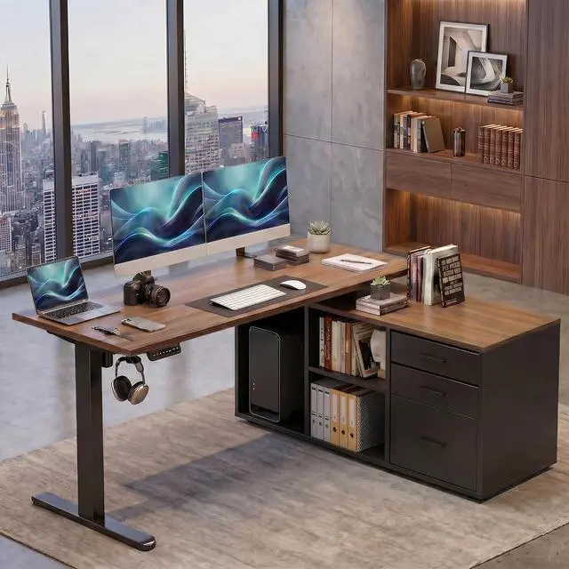 Main image of 55 Inch L Shaped Standing Desk with Drawers, Electric Executive Desk with File Cabinet Sets, Adjustable Height Stand Up Desk, Home Office Computer Desk with 4 Memory Presets, Walnut