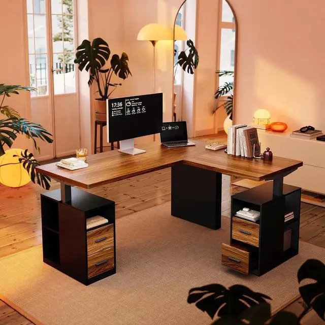 Main image of 63 Inch L Shaped Standing Desk, Electric Executive Height Adjustable Desk with Storage Drawers, Reversible Design Computer Workstation for Home Office, Black Walnut