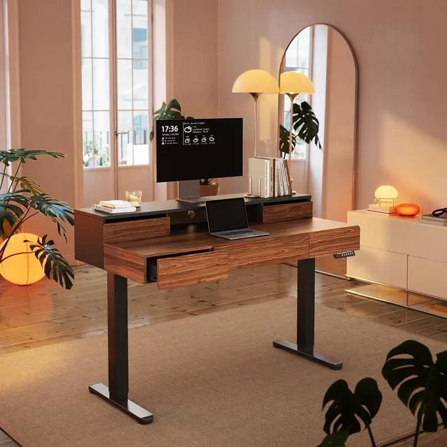Main image of Standing Desk with Drawers, 48 Inches Electric Height Adjustable Desk with Storage, Whole-Piece Board Sit Stand Up Desk with Monitor Shelf, Black Walnut