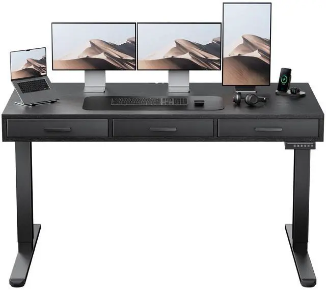 Main image of Electric Standing Desk with Drawers, C-Clamp Mount Compatible, 55 x 28 Inch Height Adjustable Sit Stand Desk, Fabric Drawers, Home Office Stand Up Desk with 4 Custom Height Settings, Black