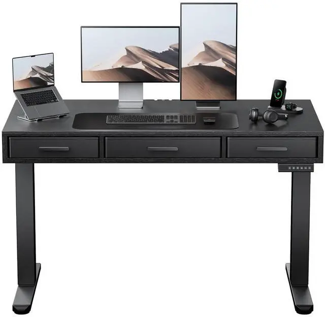 Main image of Electric Standing Desk with Drawers, C-Clamp Mount Compatible, 48 x 24 Inch Height Adjustable Sit Stand Desk, Fabric Drawers, Home Office Stand Up Desk with 4 Custom Height Settings, Black