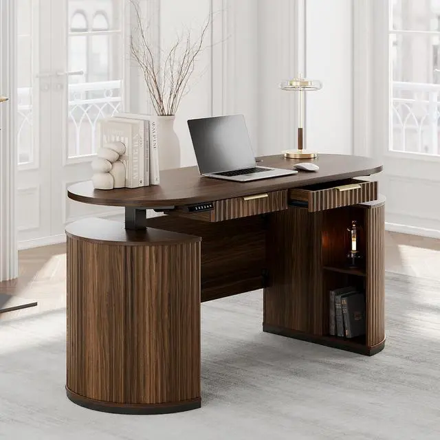 Main image of Electric Standing Desk with Storage Drawers, 63'' Executive Height Adjustable Desk with Privacy Panel and Shelves, Wood Fluted Computer Desk for Home Office, Black Walnut