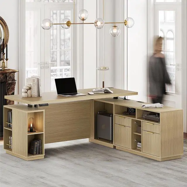 Main image of Standing Desk with File Cabinet, 70 Inch L Shaped Electric Height Adjustable Executive Desk with AC/USB and Privacy Panel, Computer Corner Table for Home Office, Light Walnut