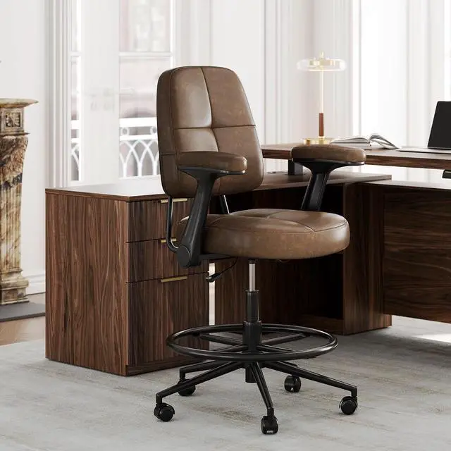 Main image of Drafting Executive Chair, Tall Office Chair with Padded Flip-Up Armrests, Mid-Back Cushioned Seat, 360° Swivel Rolling Computer Desk Chair for Standing Desk & Home Office, Vintage Brown