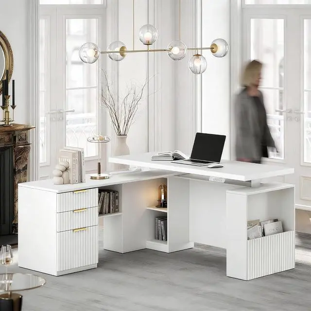 Main image of 63 Inches L Shaped Electric Standing Desk, Height Adjustable Executive Desk with Drawers and File Cabinet, AC/USB, 1.18" Desktop and Privacy Panel for Home Office, White