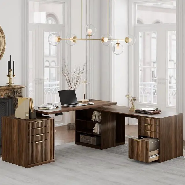 Main image of L Shaped Electric Standing Desk, 81'' x 68" Executive Height Adjustable Desk with Drawers and File Cabinet, AC/USB, Fluted Computer Desk with Storage Shelves for Home Office, Black Walnut