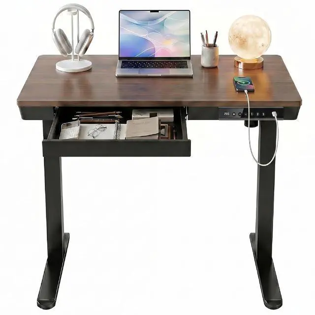 Main image of 35 X 20 Inch Standing Desk with Drawers, Electric Adjustable Height Desk, Quick Install One-Piece Tabletop with USB Charging Ports, Sit to Stand Up Desk for Home Office, Black Walnut