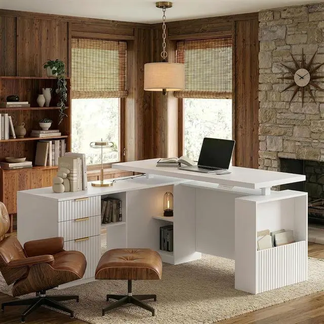 Main image of 63 Inches L Shaped Standing Desk, Executive Standing Desk with Drawers and File Cabinet, AC/USB, 1.18" Desktop, Multi-Sized Storage Cubby, Privacy Panel, Fluted Computer Desk, White