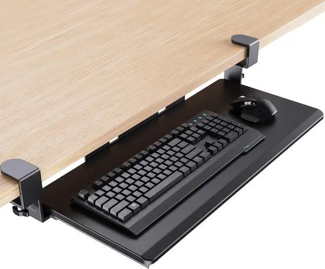 Main image of Keyboard Tray Under Desk, Keyboard Holder with C-Clamp Hardware, 26.5 W x 11.8 D Slide Out Computer Keyboard & Mouse Tray for Home Office, Black, HNKB12B, Large