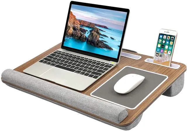 Main image of Lap Desk - Fits up to 17 inches Laptop Desk, Built in Mouse Pad & Wrist Pad for Notebook, Laptop, Tablet, Lap Stand with Tablet, Pen & Phone Holder, Brown Woodgrain