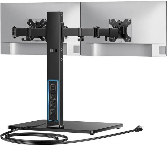 Main image of Dual Monitor Mount with Power Outlet, Computer Monitor Stand with Sturdy Glass Base, Full Motion Dual Monitor Stand with Adjustable Height, Supports 13-32 Displays up to 22 lbs, Easy Setup