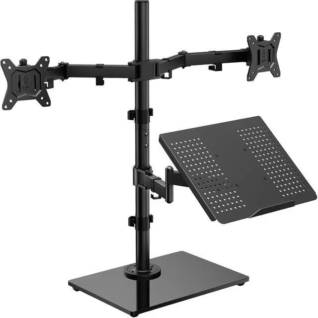 Main image of Dual Monitor Stand with Laptop Desk Mount, Freestanding Glass Base | Fits 13-32 Inch Screens, Up to 17 Inch Laptop, 22 lbs/Monitor Arm, 19.8 lbs/Tray Arm, 2 Setup Options, VESA 75x75/100x100mm