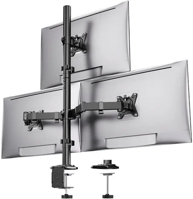 Main image of Triple Monitor Mount for 13-32 Inch Monitors, Holds 22 lbs per Arm | Larger Base, 3-Screen Layout, VESA 75x75/100x100mm, Stacked Layout, Tilt Swivel Rotation, Cable Management, Saves Desk Space