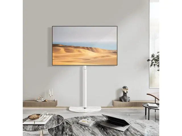Alt view image 3 of 7 - Universal Corner TV Floor Stand with Swivel Mount for 32-65 inch LED LCD Plasma Flat Panel or Curved Screen TVs, Mid Century Modern TV Stand with Height Adjustable and Semi Circular Glass Base, White