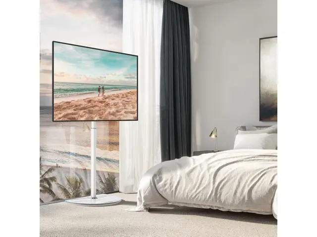 Alt view image 2 of 7 - Universal Corner TV Floor Stand with Swivel Mount for 32-65 inch LED LCD Plasma Flat Panel or Curved Screen TVs, Mid Century Modern TV Stand with Height Adjustable and Semi Circular Glass Base, White