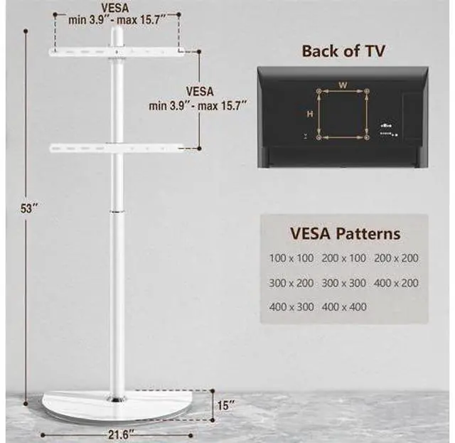 Alt view image 4 of 7 - Universal Corner TV Floor Stand with Swivel Mount for 32-65 inch LED LCD Plasma Flat Panel or Curved Screen TVs, Mid Century Modern TV Stand with Height Adjustable and Semi Circular Glass Base, White