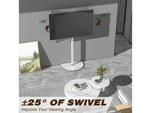Alt view image 7 of 7 - Universal Corner TV Floor Stand with Swivel Mount for 32-65 inch LED LCD Plasma Flat Panel or Curved Screen TVs, Mid Century Modern TV Stand with Height Adjustable and Semi Circular Glass Base, White