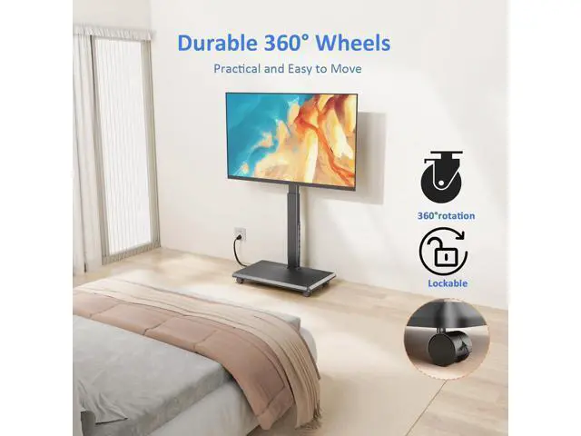 Alt view image 4 of 7 - Rolling TV Stand with Power Outlet, Mobile TV Stand for 32-75 Inch TVs up to 110 lbs, 30° Swivel TV Floor Stand, 18 Adjustable Heights, TV Cart on Wheels for Bedroom, Office, Outdoor, Black