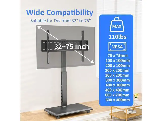 Alt view image 2 of 7 - Rolling TV Stand with Power Outlet, Mobile TV Stand for 32-75 Inch TVs up to 110 lbs, 30° Swivel TV Floor Stand, 18 Adjustable Heights, TV Cart on Wheels for Bedroom, Office, Outdoor, Black