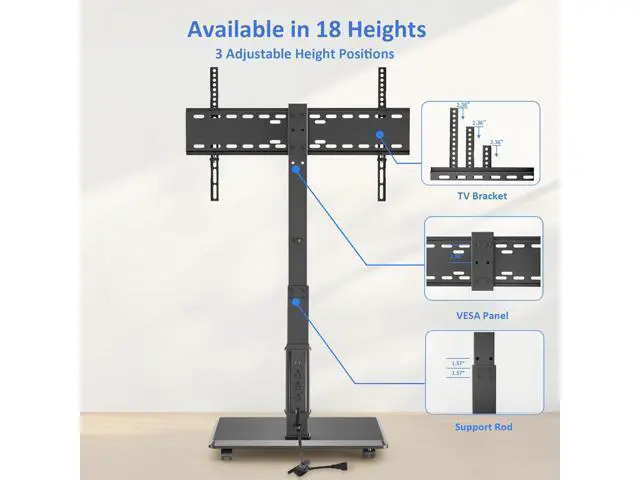 Alt view image 5 of 7 - Rolling TV Stand with Power Outlet, Mobile TV Stand for 32-75 Inch TVs up to 110 lbs, 30° Swivel TV Floor Stand, 18 Adjustable Heights, TV Cart on Wheels for Bedroom, Office, Outdoor, Black