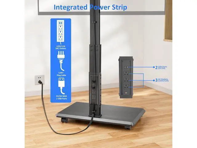 Alt view image 7 of 7 - Rolling TV Stand with Power Outlet, Mobile TV Stand for 32-75 Inch TVs up to 110 lbs, 30° Swivel TV Floor Stand, 18 Adjustable Heights, TV Cart on Wheels for Bedroom, Office, Outdoor, Black