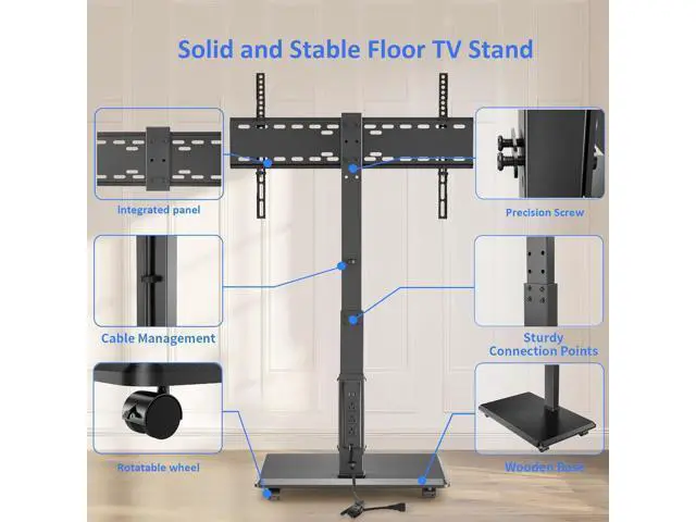 Alt view image 6 of 7 - Rolling TV Stand with Power Outlet, Mobile TV Stand for 32-75 Inch TVs up to 110 lbs, 30° Swivel TV Floor Stand, 18 Adjustable Heights, TV Cart on Wheels for Bedroom, Office, Outdoor, Black