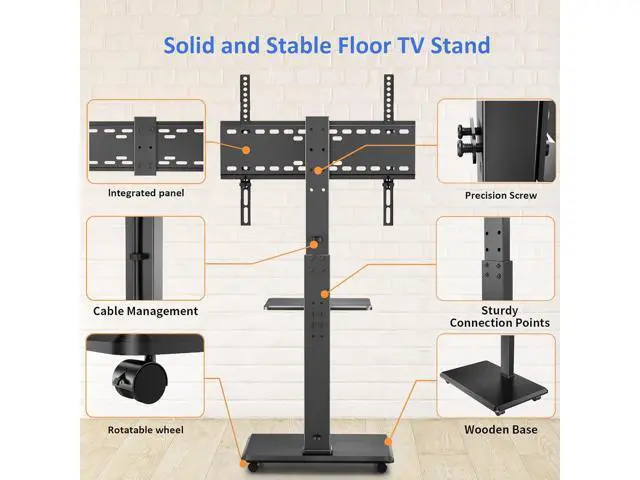 Alt view image 6 of 7 - Rolling TV Stand, Mobile TV Cart for 32-75 Inch TVs up to 110 lbs, 18 Adjustable Heights, TV Floor Stand with Swivel Mount & Shelf, Max VESA 600x400mm, TV Stand on Wheels for Bedroom, Office, Outdoor