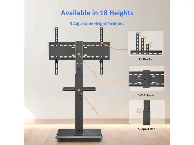 Alt view image 5 of 7 - Rolling TV Stand, Mobile TV Cart for 32-75 Inch TVs up to 110 lbs, 18 Adjustable Heights, TV Floor Stand with Swivel Mount & Shelf, Max VESA 600x400mm, TV Stand on Wheels for Bedroom, Office, Outdoor