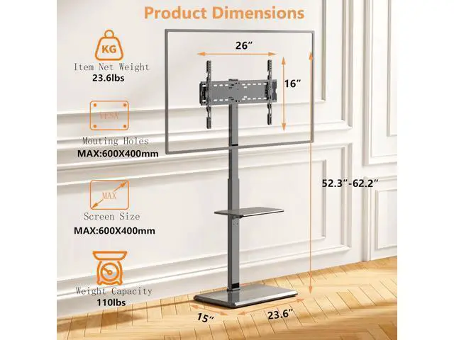 Alt view image 3 of 7 - Universal Floor TV Stand,TV Floor Mount Stand with Removable Shelf for 32-75 inch TV up to 110 lbs, Swivel and Height Adjustable Tall TV Stand for Bedroom,Office(TCP01-2-M-A02)