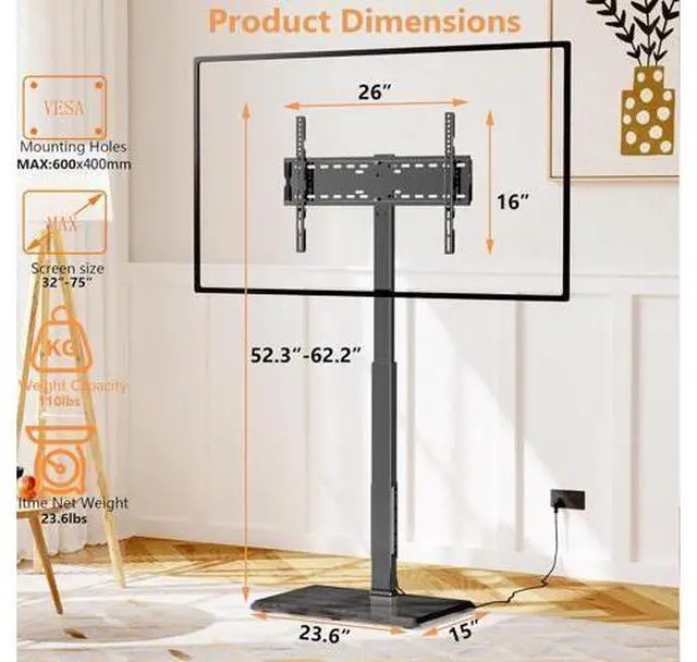 Alt view image 2 of 7 - Universal Floor TV Stand,TV Floor Mount Stand with Power Outlet for 32-75 inch TV up to 110 lbs, Swivel and Height Adjustable Tall TV Stand for Bedroom,Office(TCP01-M-A01)