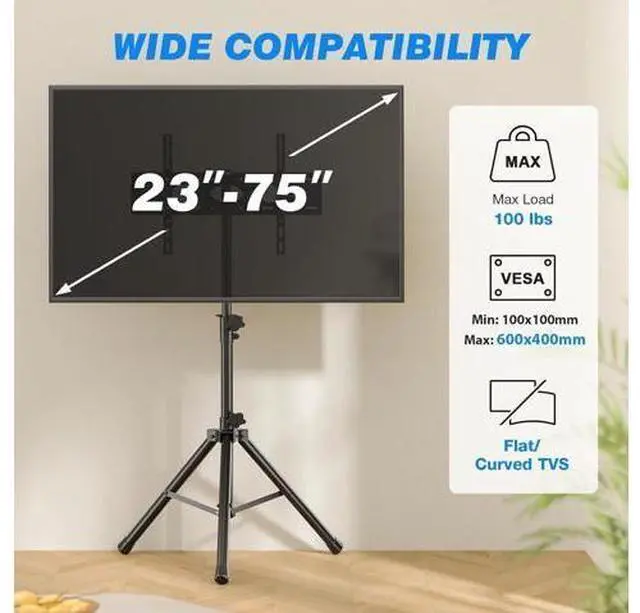 Alt view image 2 of 7 - Portable TV Tripod Stand Tilt Mount for 32-70 inch LED LCD OLED Flat Screen TVs/Monitors, Height Adjustable Foldable Mount Stand, Black Floor Display Stand with Max VESA 600x400mm