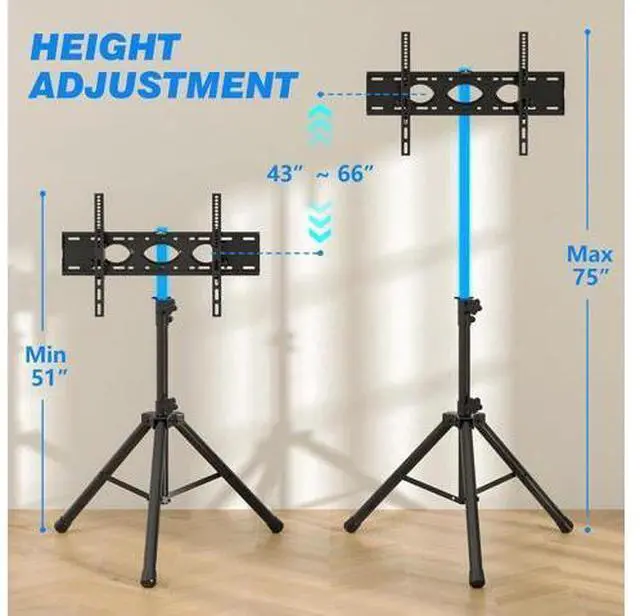 Alt view image 3 of 7 - Portable TV Tripod Stand Tilt Mount for 32-70 inch LED LCD OLED Flat Screen TVs/Monitors, Height Adjustable Foldable Mount Stand, Black Floor Display Stand with Max VESA 600x400mm