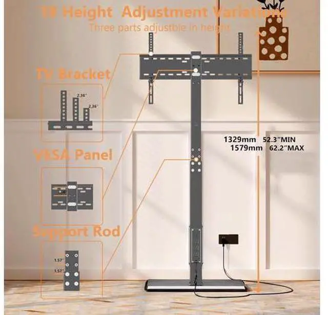 Alt view image 6 of 7 - Universal Floor TV Stand,TV Floor Mount Stand with Power Outlet for 32-75 inch TV up to 110 lbs, Swivel and Height Adjustable Tall TV Stand for Bedroom,Office(TCP01-M-A01)