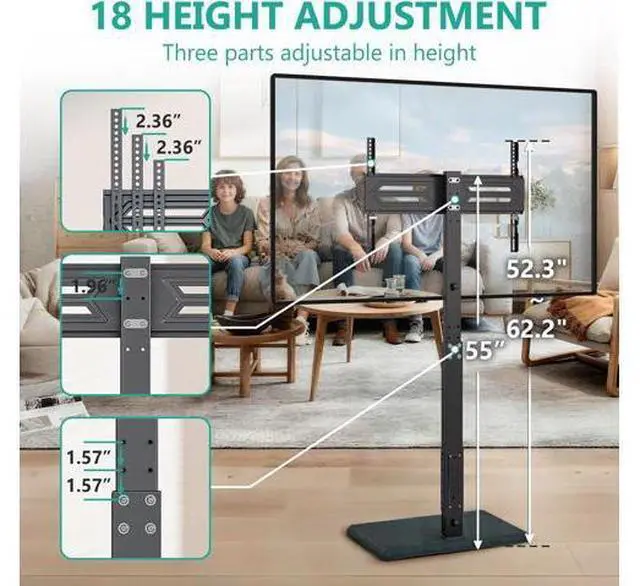 Alt view image 3 of 7 - WALI Floor TV Stand with Power Outlet, Tall TV Stand Mount for 32-75 inch TV up to 110 lbs, Swivel and Height Adjustable TV Stands with Wood Base for Bedroom, Living Room(TVDVD-7P), Black