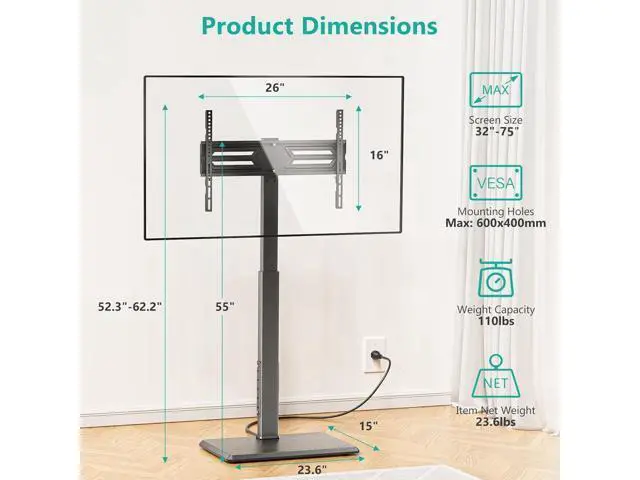 Alt view image 7 of 7 - WALI Floor TV Stand with Power Outlet, Tall TV Stand Mount for 32-75 inch TV up to 110 lbs, Swivel and Height Adjustable TV Stands with Wood Base for Bedroom, Living Room(TVDVD-7P), Black