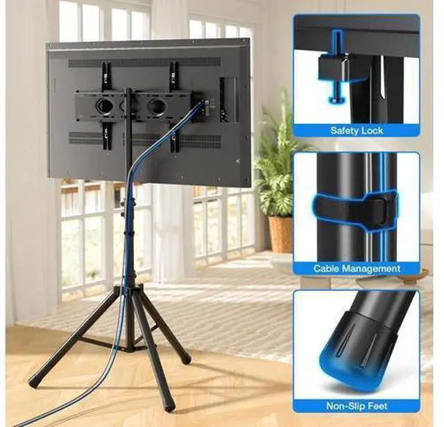 Alt view image 6 of 7 - Portable TV Tripod Stand Tilt Mount for 32-70 inch LED LCD OLED Flat Screen TVs/Monitors, Height Adjustable Foldable Mount Stand, Black Floor Display Stand with Max VESA 600x400mm