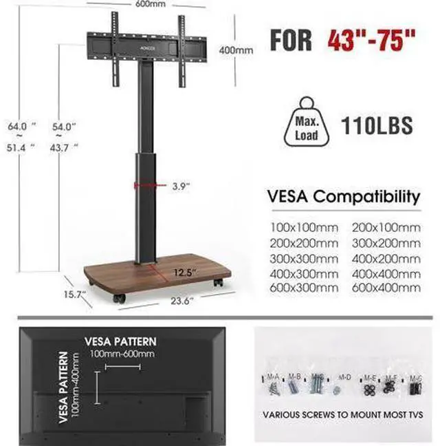Alt view image 2 of 7 - Rolling TV Stand for 43 50 55 60 65 70 75 Inch TVs, Portable Mobile TV Stand on Wheels, 10-Level Height Adjustable TV Cart with Swivel & Tilt Mount for Bedroom/Living Room/Office/Corner