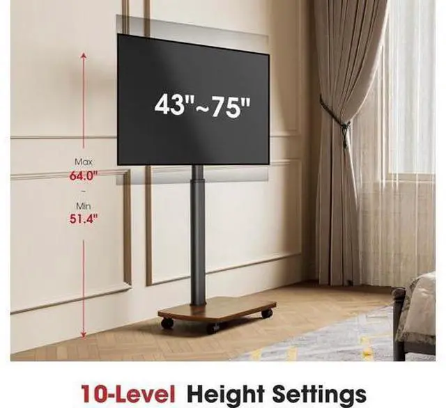 Alt view image 3 of 7 - Rolling TV Stand for 43 50 55 60 65 70 75 Inch TVs, Portable Mobile TV Stand on Wheels, 10-Level Height Adjustable TV Cart with Swivel & Tilt Mount for Bedroom/Living Room/Office/Corner