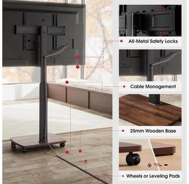 Alt view image 6 of 7 - Rolling TV Stand for 43 50 55 60 65 70 75 Inch TVs, Portable Mobile TV Stand on Wheels, 10-Level Height Adjustable TV Cart with Swivel & Tilt Mount for Bedroom/Living Room/Office/Corner