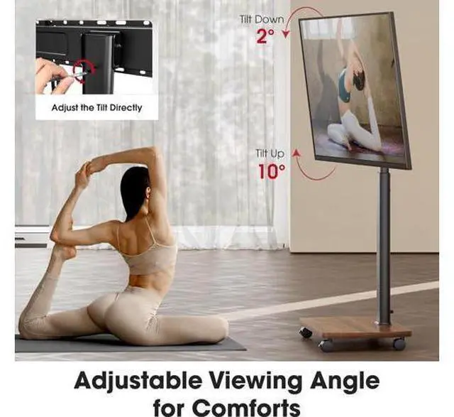 Alt view image 4 of 7 - Rolling TV Stand for 43 50 55 60 65 70 75 Inch TVs, Portable Mobile TV Stand on Wheels, 10-Level Height Adjustable TV Cart with Swivel & Tilt Mount for Bedroom/Living Room/Office/Corner