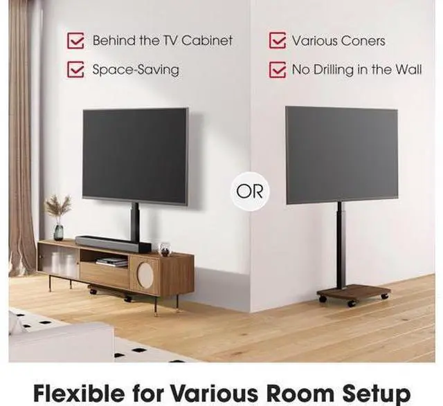 Alt view image 7 of 7 - Rolling TV Stand for 43 50 55 60 65 70 75 Inch TVs, Portable Mobile TV Stand on Wheels, 10-Level Height Adjustable TV Cart with Swivel & Tilt Mount for Bedroom/Living Room/Office/Corner