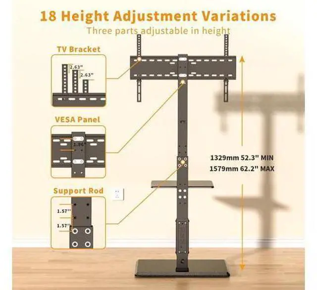 Alt view image 3 of 7 - Universal Floor TV Stand, TV Floor Mount Stand with Power Outlet & Removable Shelf for 32-75 inch TV up to 110 lbs, Swivel and Height Adjustable Tall TV Stand for Bedroom(TCP01-2-M-A01)