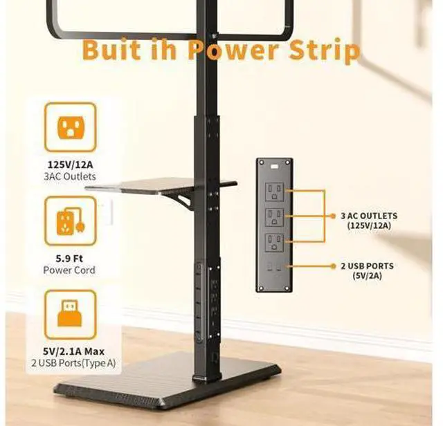 Alt view image 2 of 7 - Universal Floor TV Stand, TV Floor Mount Stand with Power Outlet & Removable Shelf for 32-75 inch TV up to 110 lbs, Swivel and Height Adjustable Tall TV Stand for Bedroom(TCP01-2-M-A01)