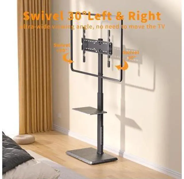 Alt view image 4 of 7 - Universal Floor TV Stand, TV Floor Mount Stand with Power Outlet & Removable Shelf for 32-75 inch TV up to 110 lbs, Swivel and Height Adjustable Tall TV Stand for Bedroom(TCP01-2-M-A01)