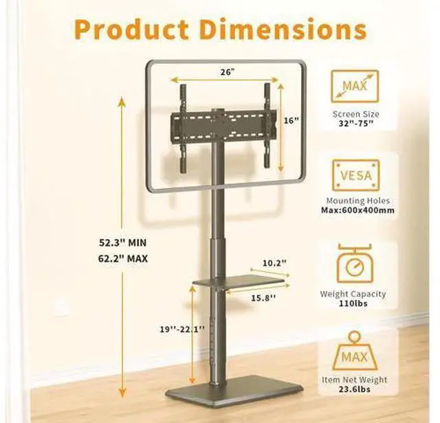 Alt view image 5 of 7 - Universal Floor TV Stand, TV Floor Mount Stand with Power Outlet & Removable Shelf for 32-75 inch TV up to 110 lbs, Swivel and Height Adjustable Tall TV Stand for Bedroom(TCP01-2-M-A01)