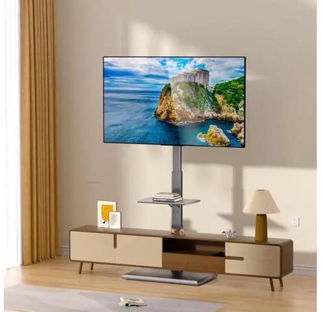 Alt view image 7 of 7 - Universal Floor TV Stand, TV Floor Mount Stand with Power Outlet & Removable Shelf for 32-75 inch TV up to 110 lbs, Swivel and Height Adjustable Tall TV Stand for Bedroom(TCP01-2-M-A01)