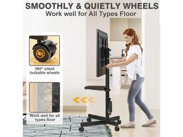 Alt view image 5 of 7 - TVON Mobile TV Stand with Power Outlet, Tilt Rolling TV Cart for 23-65 Inch LCD LED OLED Flat Curved Screen TVs up to 88 lbs, Height Adjustment Portable TV Stand on Wheels, Max VESA 400x400mm