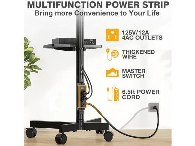Alt view image 3 of 7 - TVON Mobile TV Stand with Power Outlet, Tilt Rolling TV Cart for 23-65 Inch LCD LED OLED Flat Curved Screen TVs up to 88 lbs, Height Adjustment Portable TV Stand on Wheels, Max VESA 400x400mm